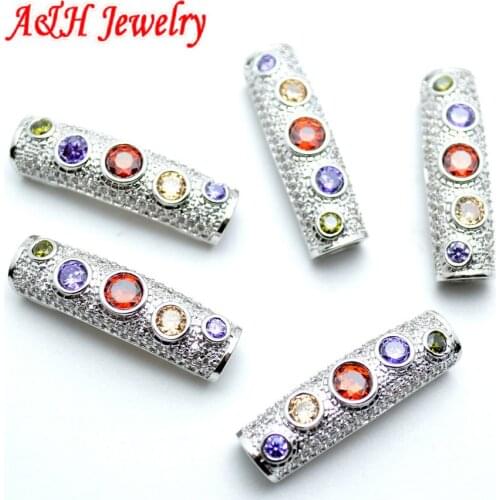 5pcs High Quality Colorful CZ Setting Silver Plated Connections 8x28mm Copper Tube For Bracelet Making Materials
