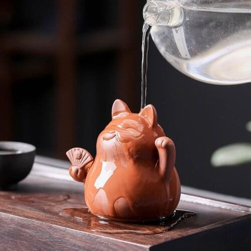 Cute Lucky Cat Tea Pet Desktop Ornaments Handmade Ceramic Wealth Rich Cat Tea Pet for Water Tea Tray Accessories Home Decor