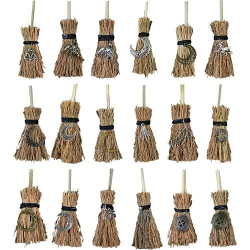 Mini Broom Straw Witch Brooms with Moon Skull Pendant Decorations for Halloween Wicca Altar Broom M6CE