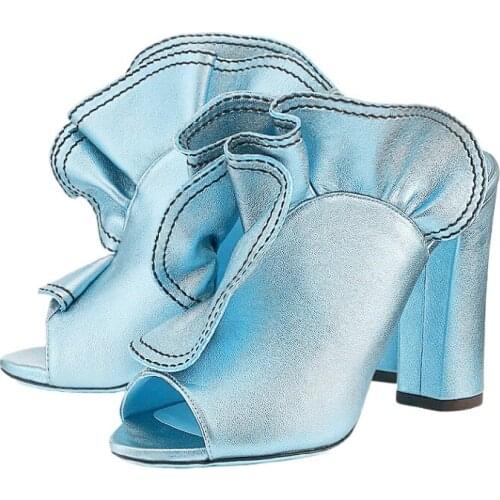Sky Blue Green Shimmer Leather Ruffles Slingbacks Sandals Summer Peep Toe Chunky High Heels Party Slipper Shoes