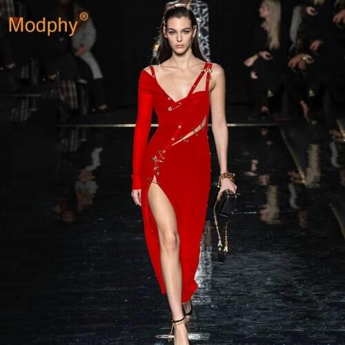 Autumn Sexy One-Shoulder V-Neck Hollow Pleated Stitch Bodycon Bandage Split Dress Vestidos Celebrity Runway Party Dress 2021 New