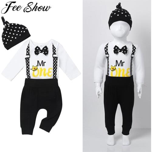 Infant Baby boy Clothes Birthday Outfits Gentleman One Year Birthday Romper Bowknot Tie Jumpsuit Straps Shorts Hat 3pcs Sets