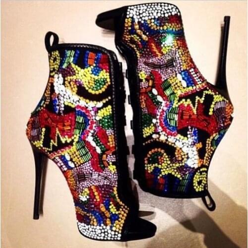 Sexy Multi Color Beads Bootie Peep Toe Lace-up Bling Bling Rhinestone Ankle Boots Hollow High Heeled Women Banquet Dress Shoes