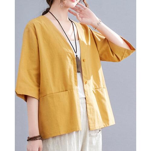 Simple Cotton And Linen Summer Blazer Jacket New Large Size Fashionable Womens Half-sleeve Thin Sunscreen Shirt Female aq873