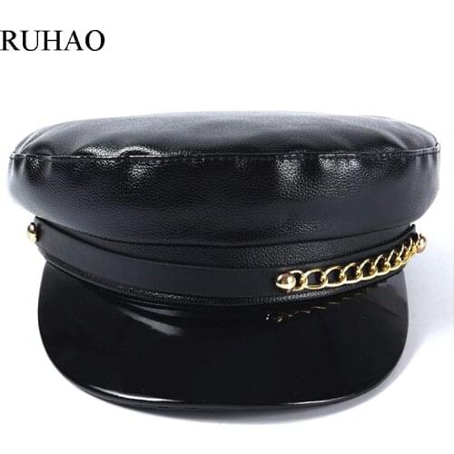 RUHAO Beret Female Autumn Winter Hat For Women Ladies 100% Pu Leather Beret Cap Boina Feminina Gorras Bone Vintage England Black
