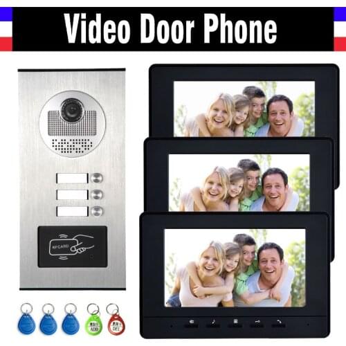 3 Units Apartment Intercom System Video Intercom Video Door Phone Kit HD Camera 7" Monitor with RFID keyfobs for 3 Household