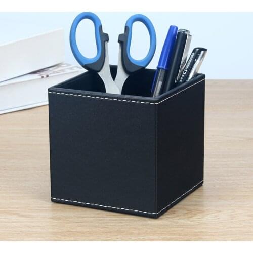 Square stitching PU leather wood desk pen pencil holder case stationery organizer holder office supplies desktop accessories