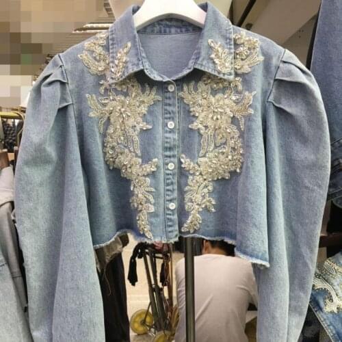 2021 Autumn New Korean Embroidered Diamond Fashion Short Denim Jacket Female Jean Coats Full Sleeves Cropped Cowboy Tops Y1656