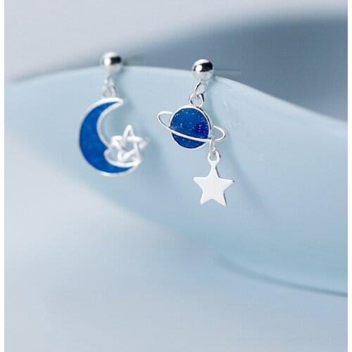 Funny Asymmetrical Blue Planet/Star/Moon 925 Sterling Silver Stud Earrings for Women Girls Trendy Korean Fine Jewelry YEA375