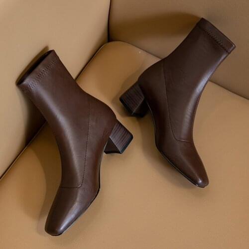 Genuine Leather Winter Warm Women Short Ankle Boots Elegant Square Toe Chelsea Boots High Heels Dancing Shoes Woman