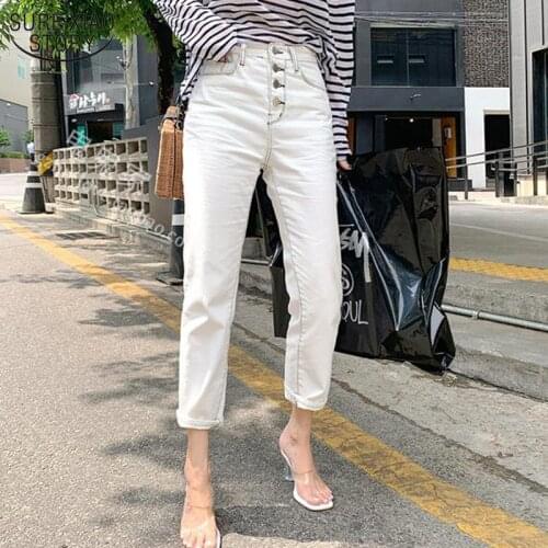 Korean Style Jeans for Women Autumn New Womens Classic All-match Elastic White Straight Casual Pants Capri Jeans Woman 10417
