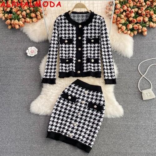 ALPHALMODA 2022 Fashion Suit Lady Knitted Cardigan Faux Pocket Mini Skirt Two-piece Outfit Set Ol Classical Clothes Suit