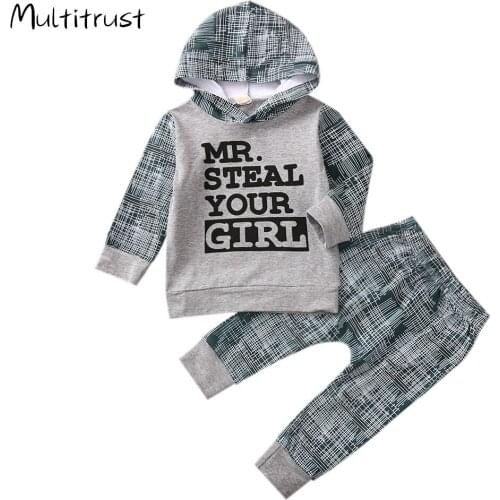 Infant Baby Clothes Outfits 2020 Autumn Baby Boys Girls Hooded Long Sleeve Letters Printing Top + Plaid Print Long Pants 2pcs