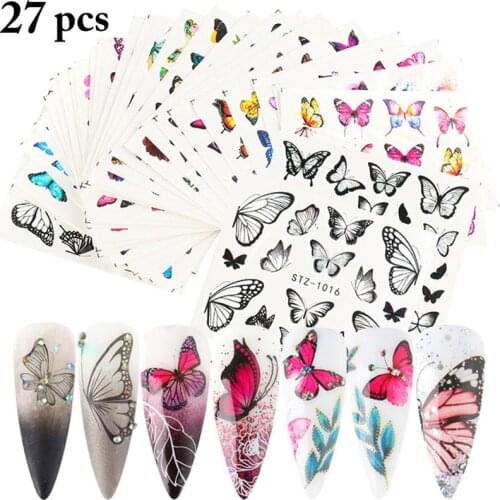27 Sheets Women Black Butterfly Nail Decals and Stickers Flower Blue Colorful Water Tattoo for Manicures Nail Art Slider Decor