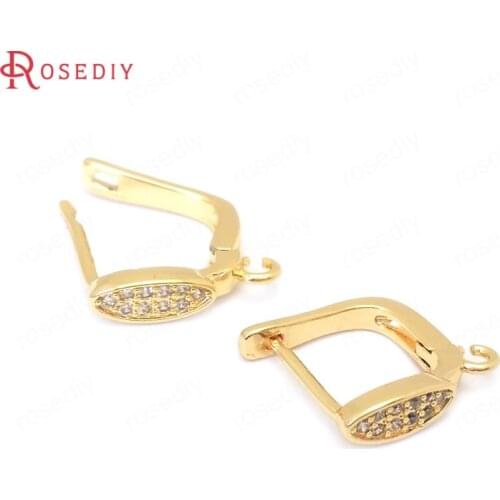 38412)4PCS 9MM 24K Gold Color Brass and Zircon Long Oval Shape Stud Earrings Pins Earrings Clasps Jewelry Making Supplies