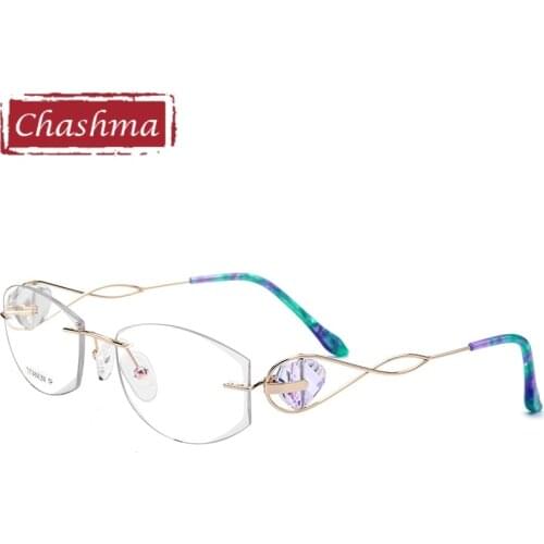 Chashma Brand Women Top Quality Rimless Glasses Frame Prescription Spectacles Female Fashion Clear Color Lenses with Stones