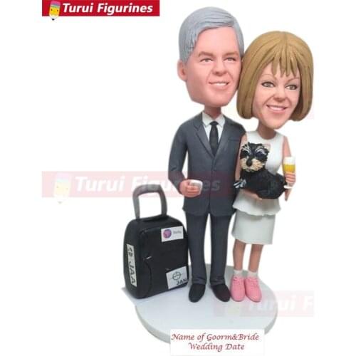 Frequent Flyer Couple With Pets Custom Personalized Wedding Cake Topper Bobble Head Clay Figurine Based on Customers' Photos Wed