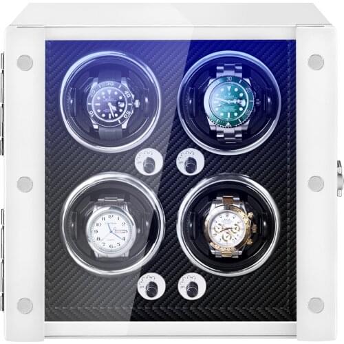 Wooden Watch Winder White Paint Black PU LED Blue Light 5 Modes Quiet Motor Storage Box Practical Automatic Watches
