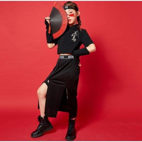 Childrens Sets Kids China Style Streetwear Hip Hop Short Sleeve T-shirt Skirt Suits Girls Stage Clothing Costumes Tracksuits