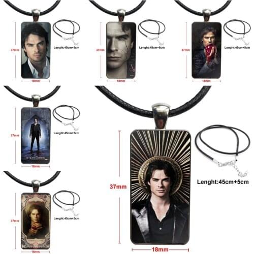 For Wedding The Vampire Diaries Damon Salvatore Steel Color Glass Cabochon With Rectangle Shaped Pendant Choker Necklace