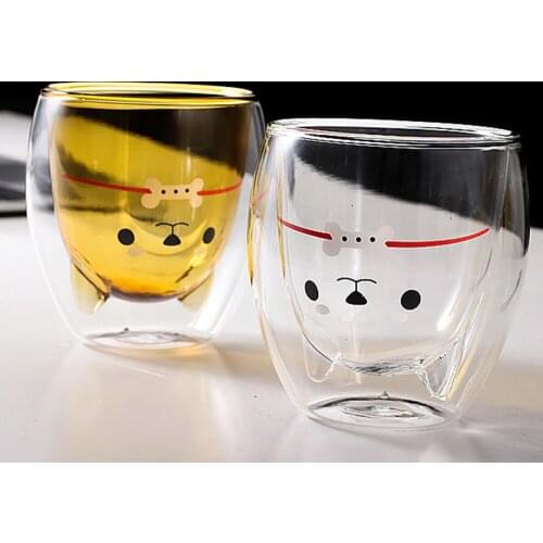 280ML Double-layer Glass Cute Cartoon Cat And Dog Print Cup Milk Cup Coffee Cup Kids Holiday Gift Valentines Day Beer Mug