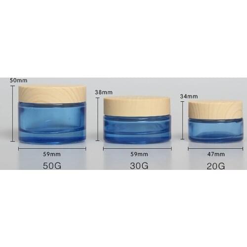 30G Blue Glass Bottle Wooden Shape lid for night cream cosmetic packing glass jar in stock