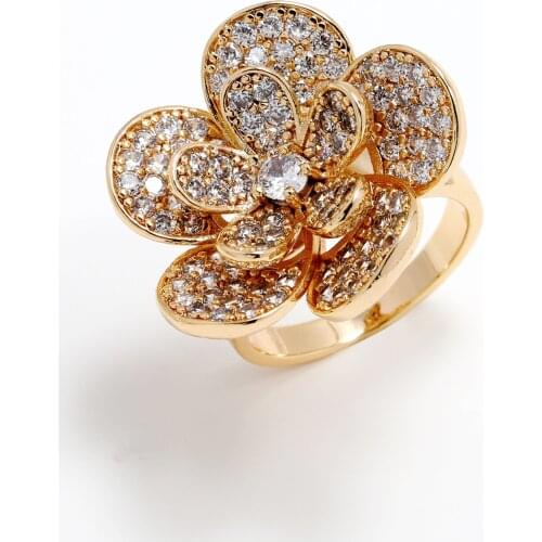 LUALA Flower Rings for Women T Shape Cubic Zirconia 14K Gold Color Finger Rings For Women Evening Party Jewelry