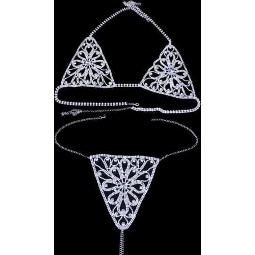 Sexy Lingerie Flower Rhinestone Body Chain Bra and Thong Underwear Set for Women Crystal Body Jewelry Harness Bra Panties Gift