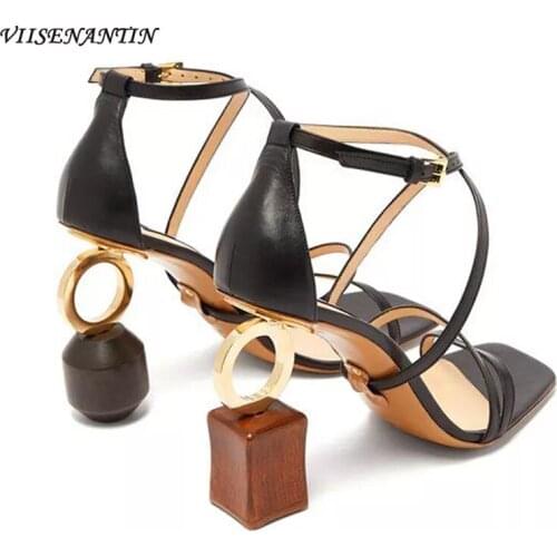 Square toe open toe sexy leather strange heel sandals summer strappy personality comfortable high heel sandals