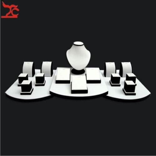 Wholesale White Leatherette Necklace Earring Pendant Ring Jewelry Display Counter Showcase Pendant Bust Window Torso Set 17Pcs