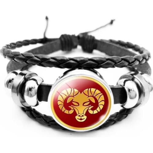 Retro 12 Constellation Bracelet Glass Cabochon Black Leather Snap Button Unicorn Children Bracelet Men and Women Jewelry Gift