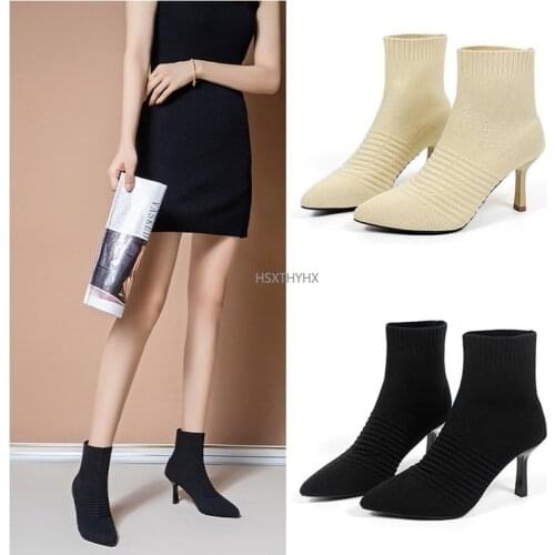 Women Boots Autumn Sexy Pointed Toe Ladies Mid-calf Boots Comfort Stretch Fabric High Heels 2021 Knitted Sock Boots Female Shoes