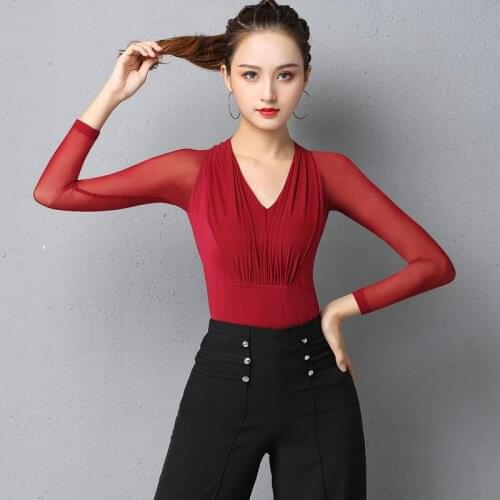 Latin Dance Costumes For Women Adult Long Sleeve Mesh Practice Clothes Rumba Jumpsuit Tango Samba Ballroom Dance Tops DQL4652