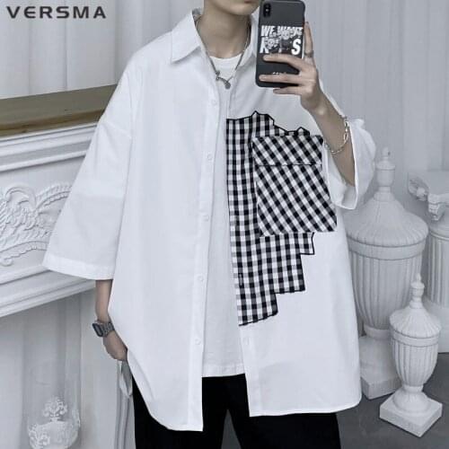 VERSMA Korean Ulzzang Vintage Style Short Sleeve Shirt Men Women Blouse Summer Loose Plaid Stitch Cotton Shirt Male Dropshipping
