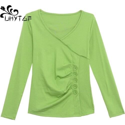 UHYTGF Autumn T-Shirt Women Long Sleeve Casual Short Tops Female Fashion Buttons V-Neck Pullover Slim 3XL Plus Size T Shirt 2064