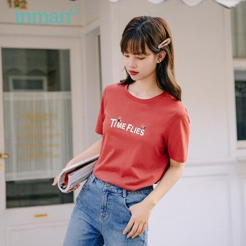 INMAN Summer Red Or White Whintage T-Shirt Cute Kawaii Women Round Neck English Letter Embroidered Short Sleeve Basic Cotton Top