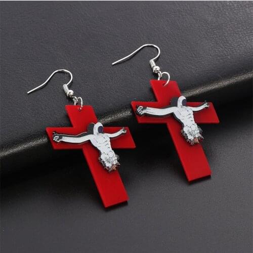 Jesus Acrylic Earrings For Women Religious Scary Red Cross Drop Earrings Halloween Horror Party Jewelry