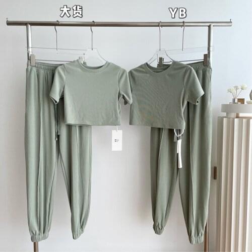 Women Casual Matcha Green Two Piece Pants Set Crop Top Tee Lounge Tracksuit wear Loose Fashion Suit Outfit Summer Ladies Clothes