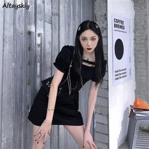 Dress Women Mini Sexy Black High Street Cool Female Clothing Puff Sleeve Edible Tree Fungus Slim Club Trendy Square Collar Lady