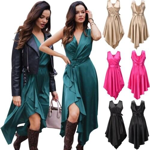 Fashion sexy V-neck shirt dress long-sleeved imitation silk dress Summer Tunic Dress Sleeveless A-line self-belt Casual Dresses