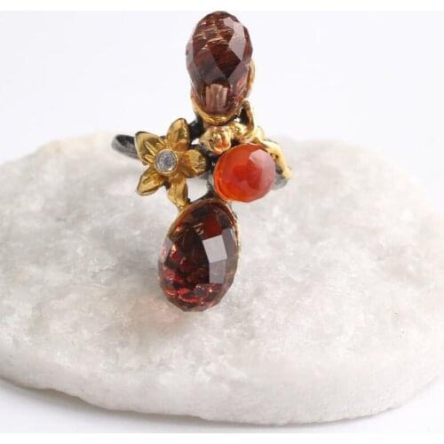 Two Sultanite and Orange Zircon Womens Gold Plated Silver Ring, Woman 925 Silver Sultanite Handmade Ring, Colorful Oval ring