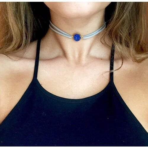 Crystal Coated Gold Necklace Bohemian Collar Necklace Druzy In Light Gray Suede Crystal Boho choker