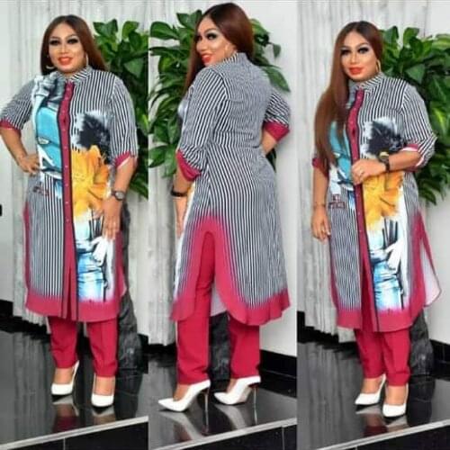 2021 African Clothing Women Outfit Long Shirt Skirt Pants Suit Linen Fashion Printing Hot Drilling Dashiki Elegant Two-piece Set