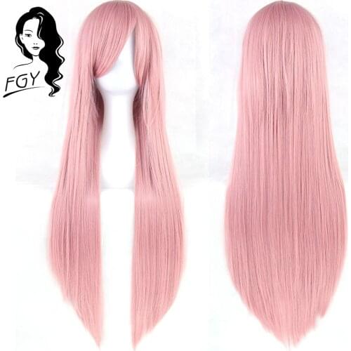 FGY Long Straight Hair with Bangs Synthetic Wig Lady Cosplay Anime Wig 32 Inch Pink Red Blue Purple Gold Brown Black Green Wig