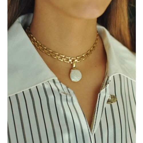 GULCE DERELI, PEARL SYMBOL CHARM NECKLACE CHOKER, VINTAGE CHAIN NECKLACE CHOKER, NEW PRODUCT, GIFT BOX, GOLD/SILVER PLATED