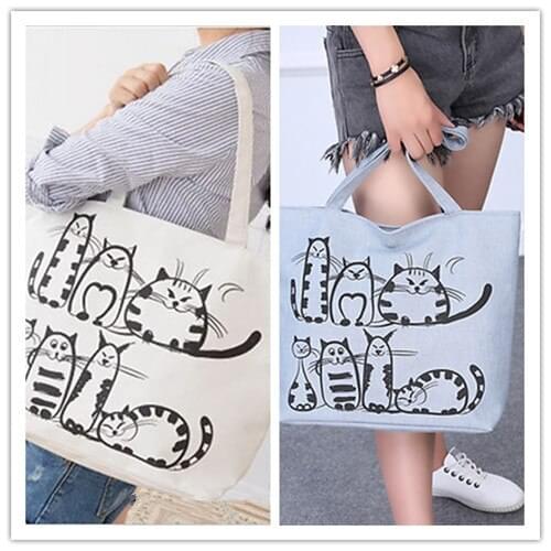 Cute Cartoon Cat Printed Zipper Shoulder Bag Supermarket Shopping Bags Casual Zip Closure Canvas Bag