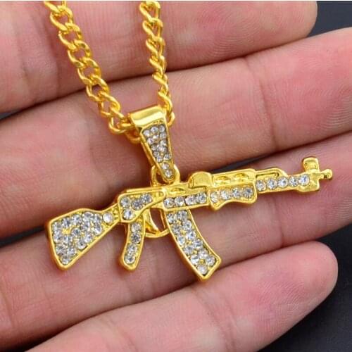 Cool Gothic Punk Hip-Hop Gun Shape Pendant Crystal Rhinestone Army Style Male Chain Necklace Creative Men Necklaces Jewelry