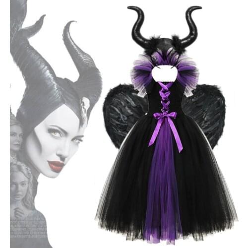 Maleficent Halloween Costume Dress Deluxe Girls Fancy Christening Black Glam Gown Tutu Dress Kids Demon Queen Witch Clothes