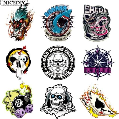 Nicediy Heat Transfer Vinyl Sticker Patch Iron On Transfers On Clothing Cool Shark Skull Patches Thermal Transfer Press Applique