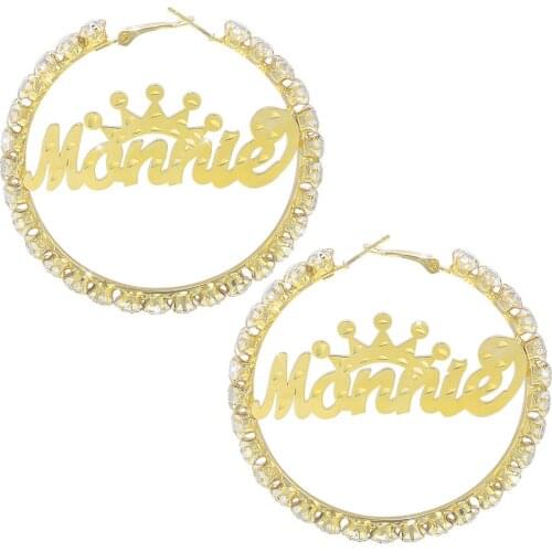 2021 New Carved Custom Name Earrings Hip Hop Crystal Sexy Hoop Crown Nameplate Earrings Gift